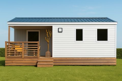 Mobil home *PREMIUM* 2 chambres - 5 personnes AVEC climatisation + tv + lave vaisselle + terrasse en bois couverte.
